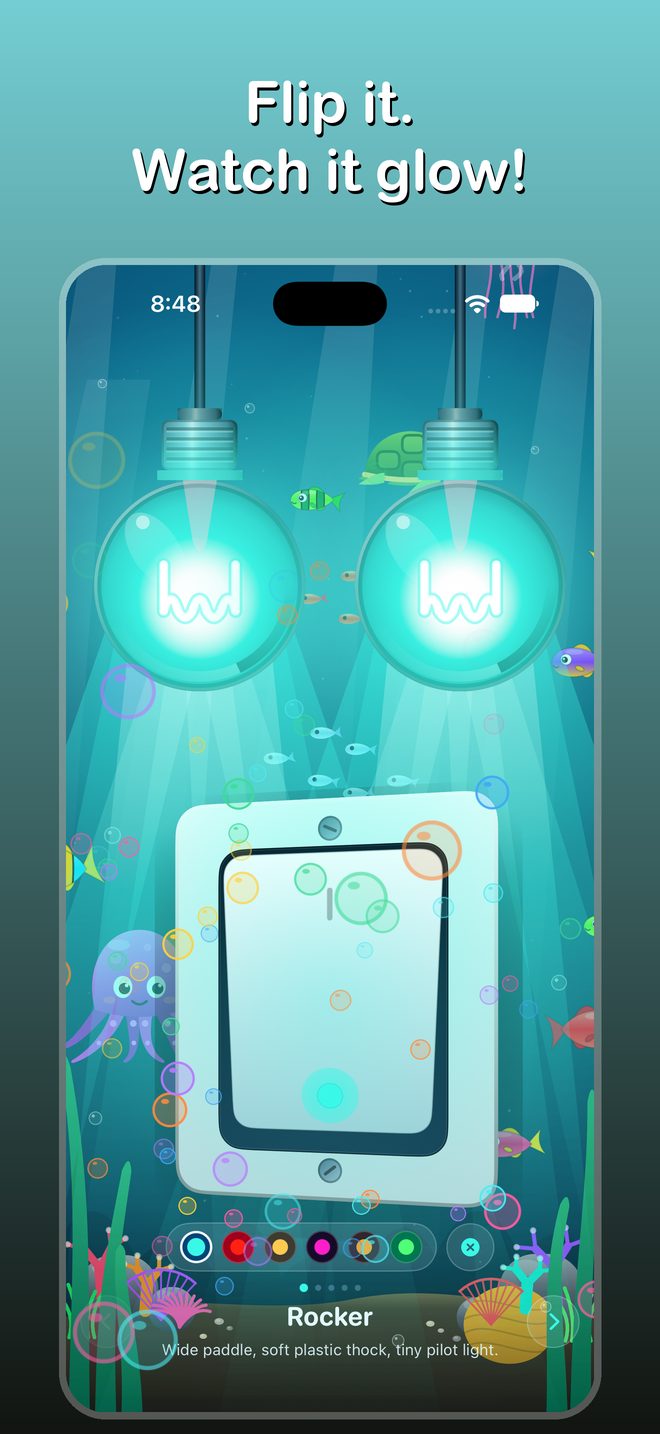 EZ Light Switch ASMR Fidget App: A Rocker Light Switch Lighting Two Glowing Bulbs Over A Fish Tank