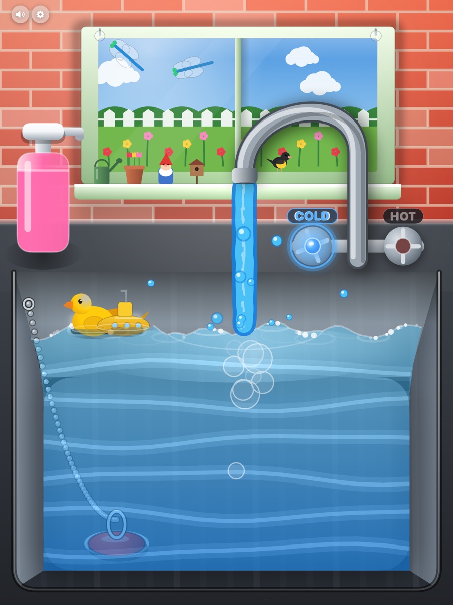 Water Play on iPad: a large sink filling under a garden window, with the soap pump, the hot and cold taps and the rubber duck