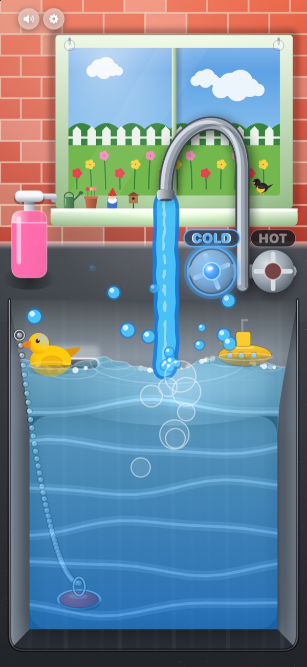 Water Play on iPhone: a running tap fills a sink with bubbles, a rubber duck and a yellow submarine, under a garden window on a red brick wall
