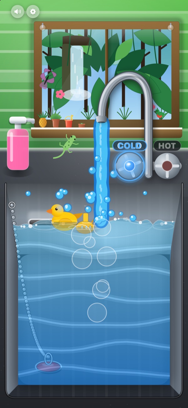 Water Play on iPhone: a jungle window with a waterfall and a gecko on a green wooden wall above the filling sink