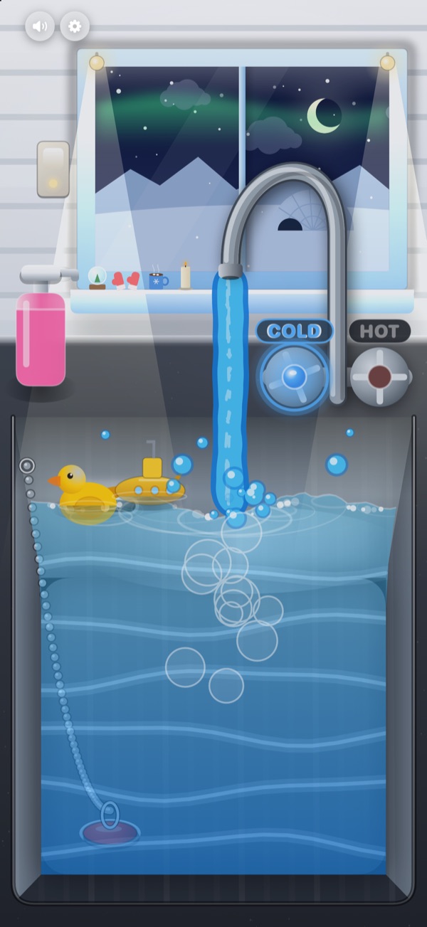 Water Play on iPhone at night: a snowy Arctic window under the northern lights, with a light switch on the wall beside it