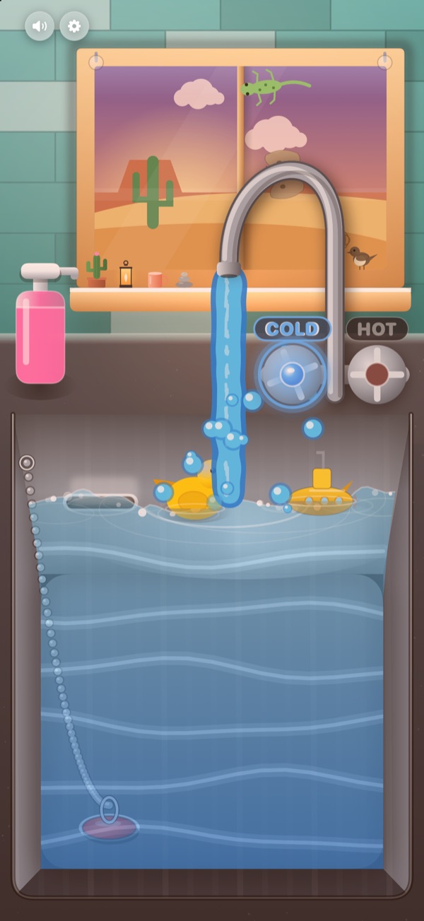 Water Play on iPhone at sunset: a desert window with a cactus above a full sink on a teal tiled wall