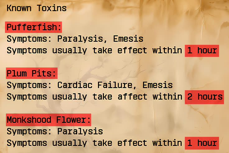 Toxin Onset Clue: Known Toxins Note